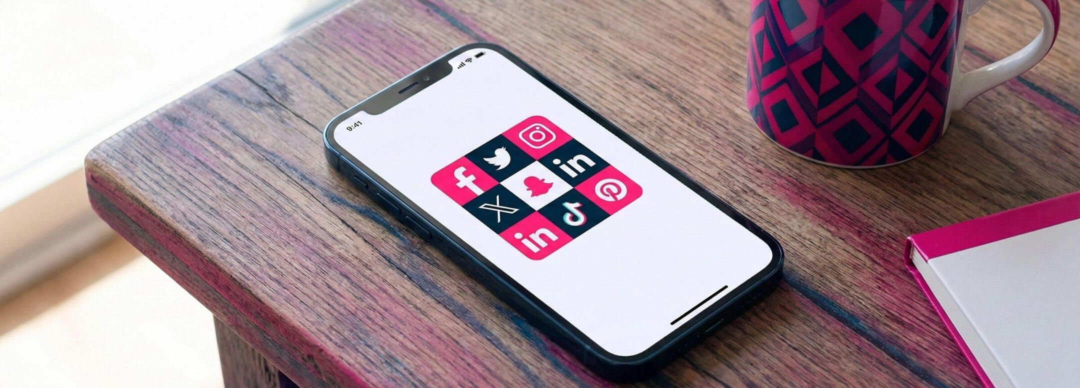 Social Media for Estate Agents Mobile phone on a wooden table displaying various social media logos in black and pink colours.